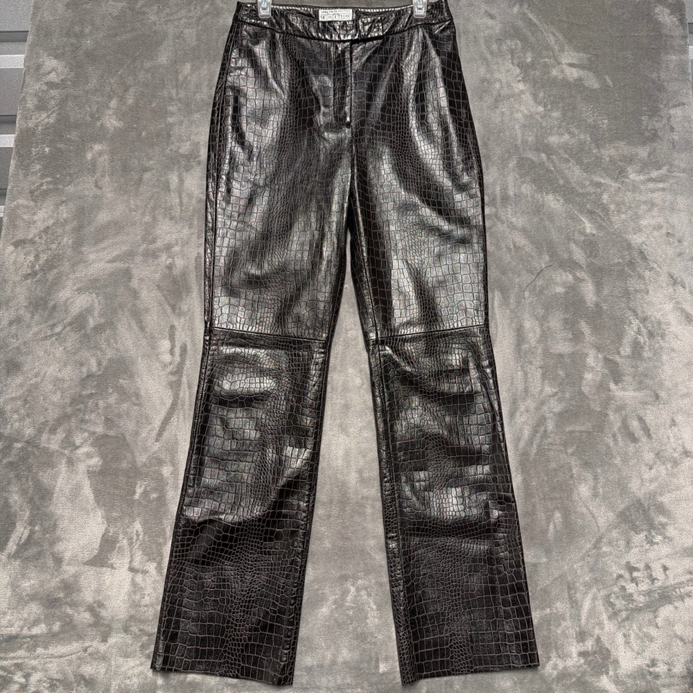 Vintage Saks Fifth Avenue Folio Leather Pants Women 8 Brown Croc Embossed y2k